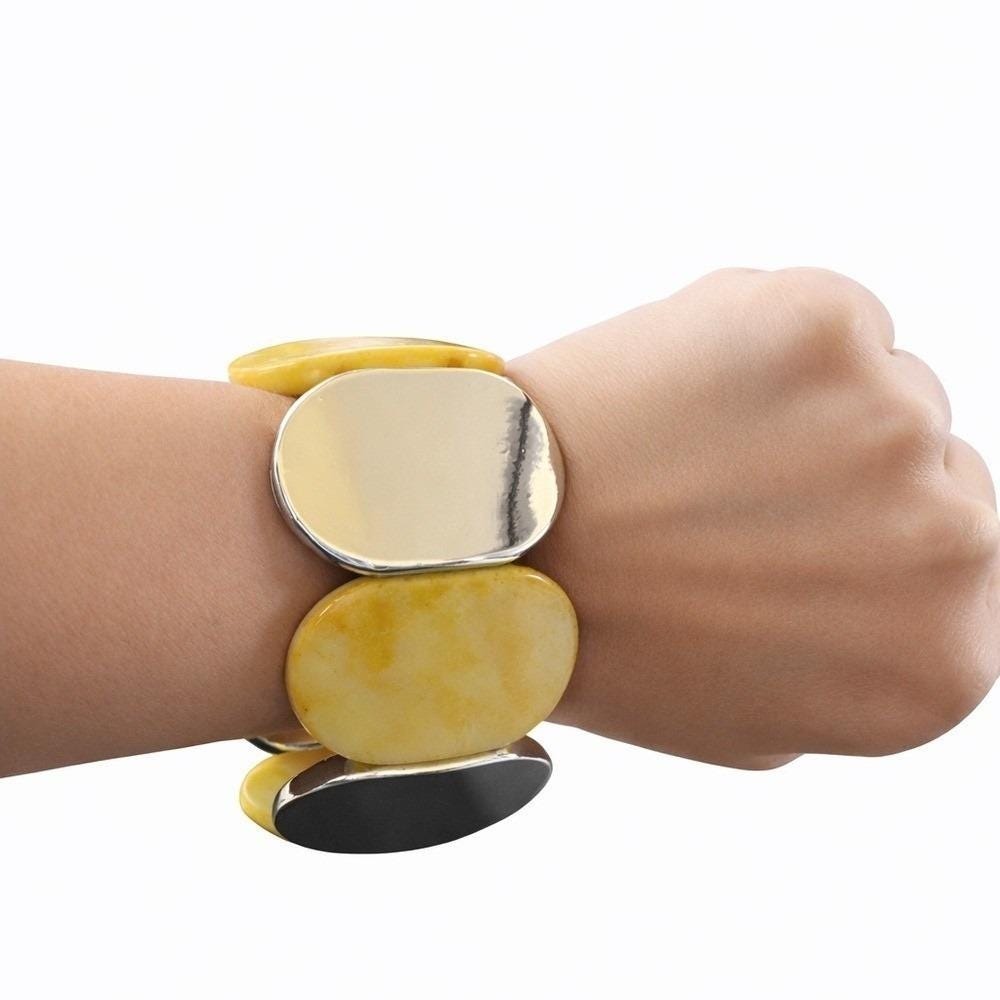Chunky Stretch Bracelet Yellow Marbled Resin Silver Tone